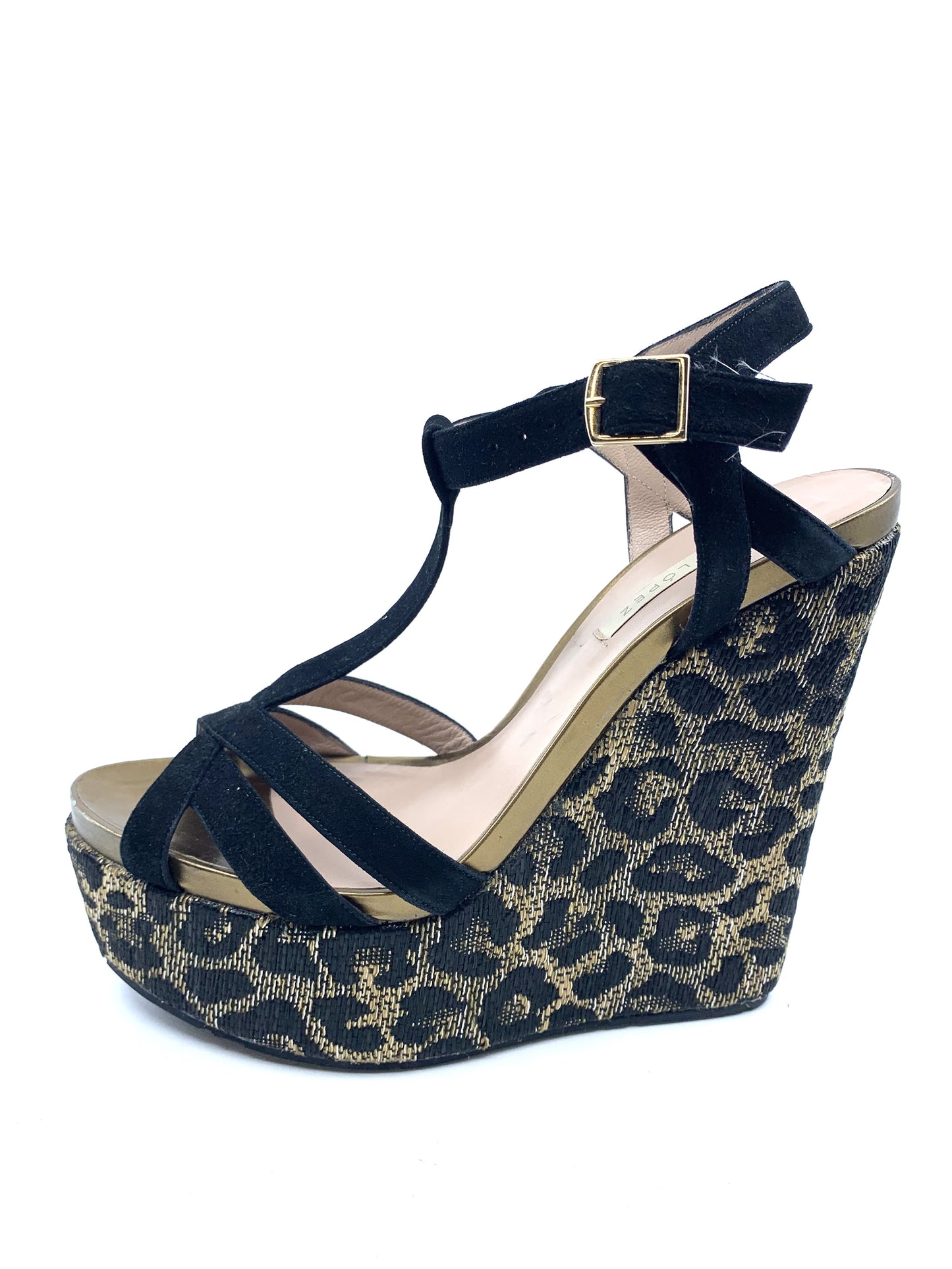 AB900 Black Suede and Raffia Leopard Pura Lopez Wedge Sandals