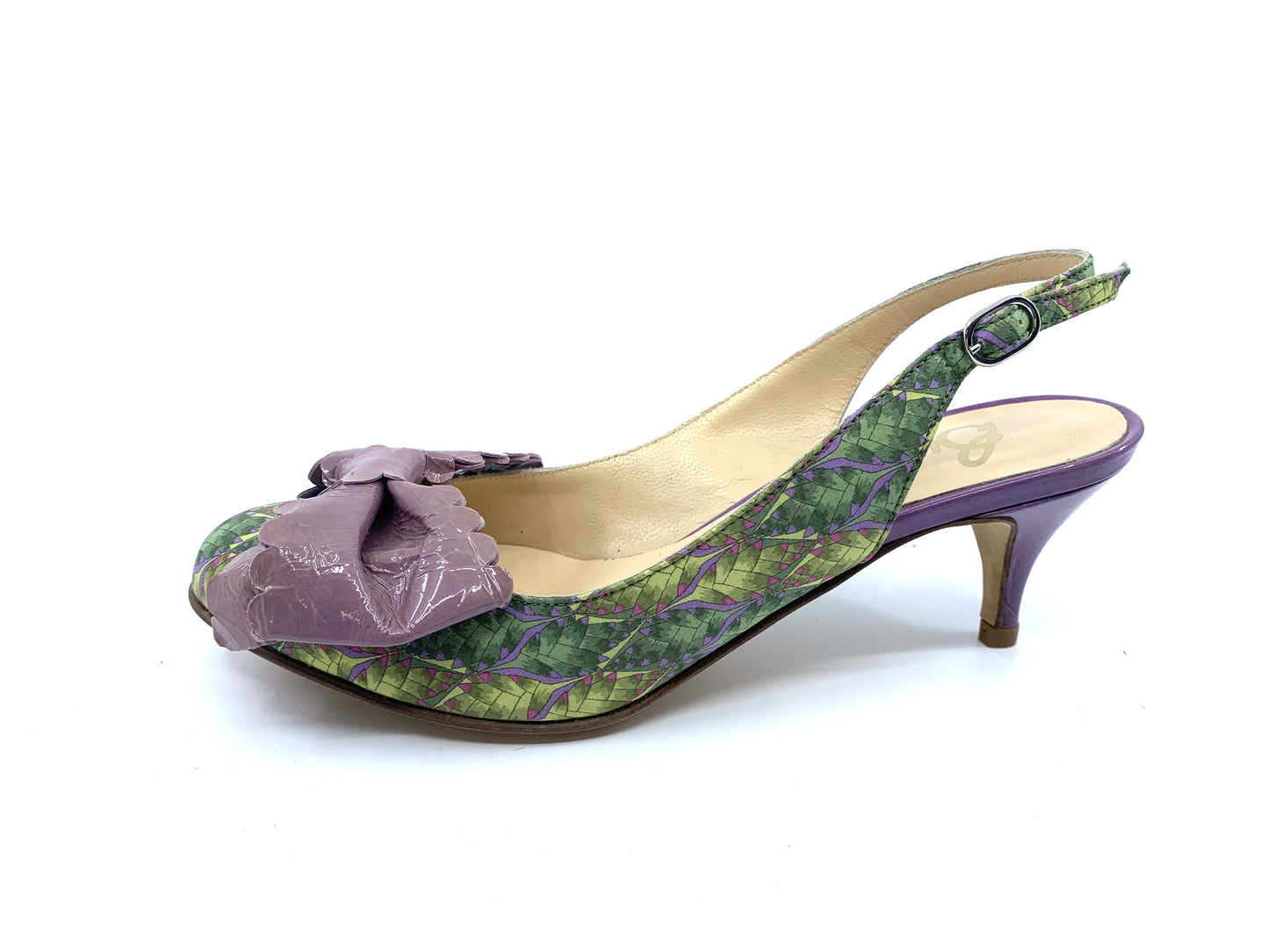 Sage Green and Purple Fabric and Patent Butter Slingback Pumps