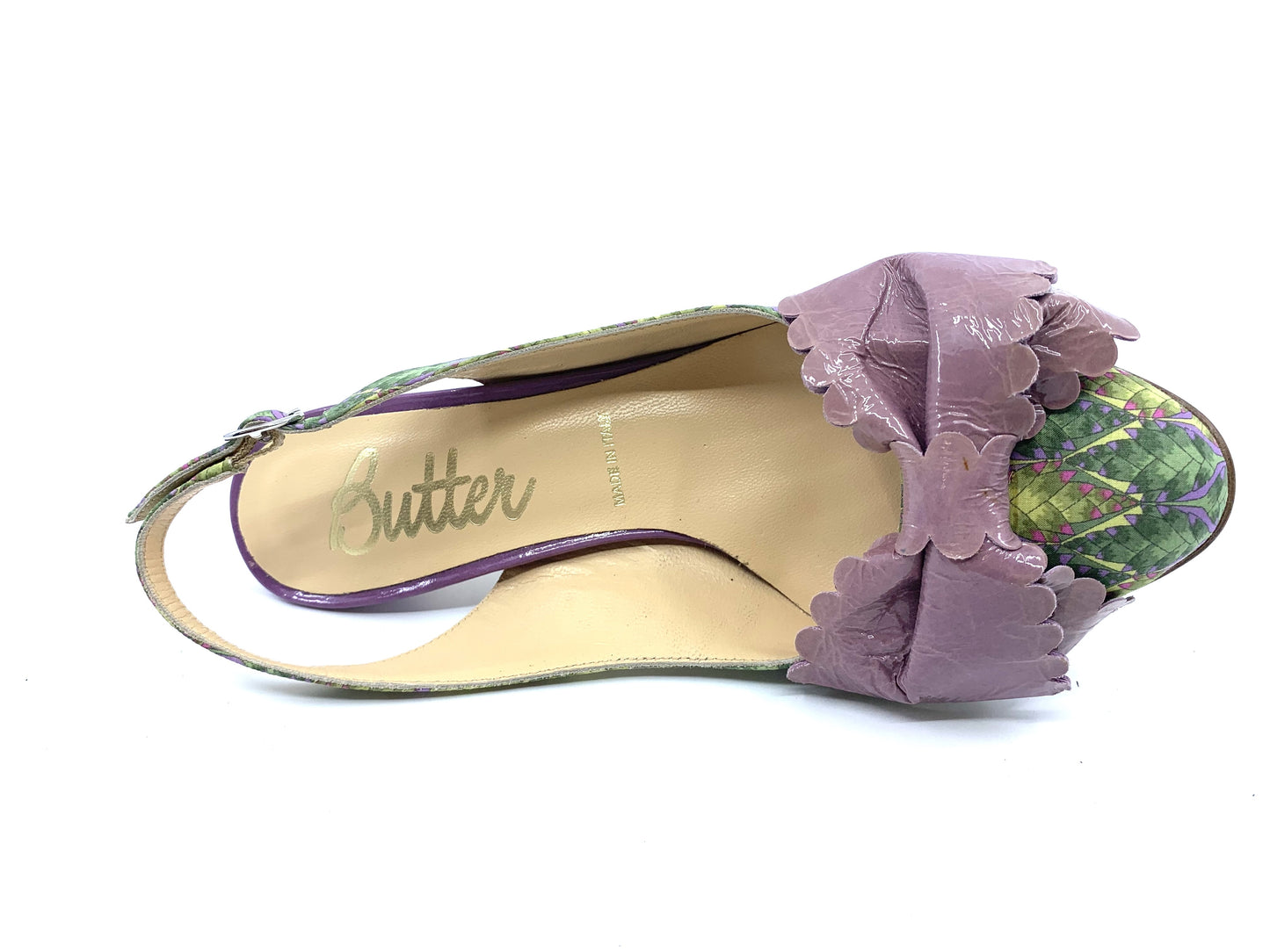 Sage Green and Purple Fabric and Patent Butter Slingback Pumps