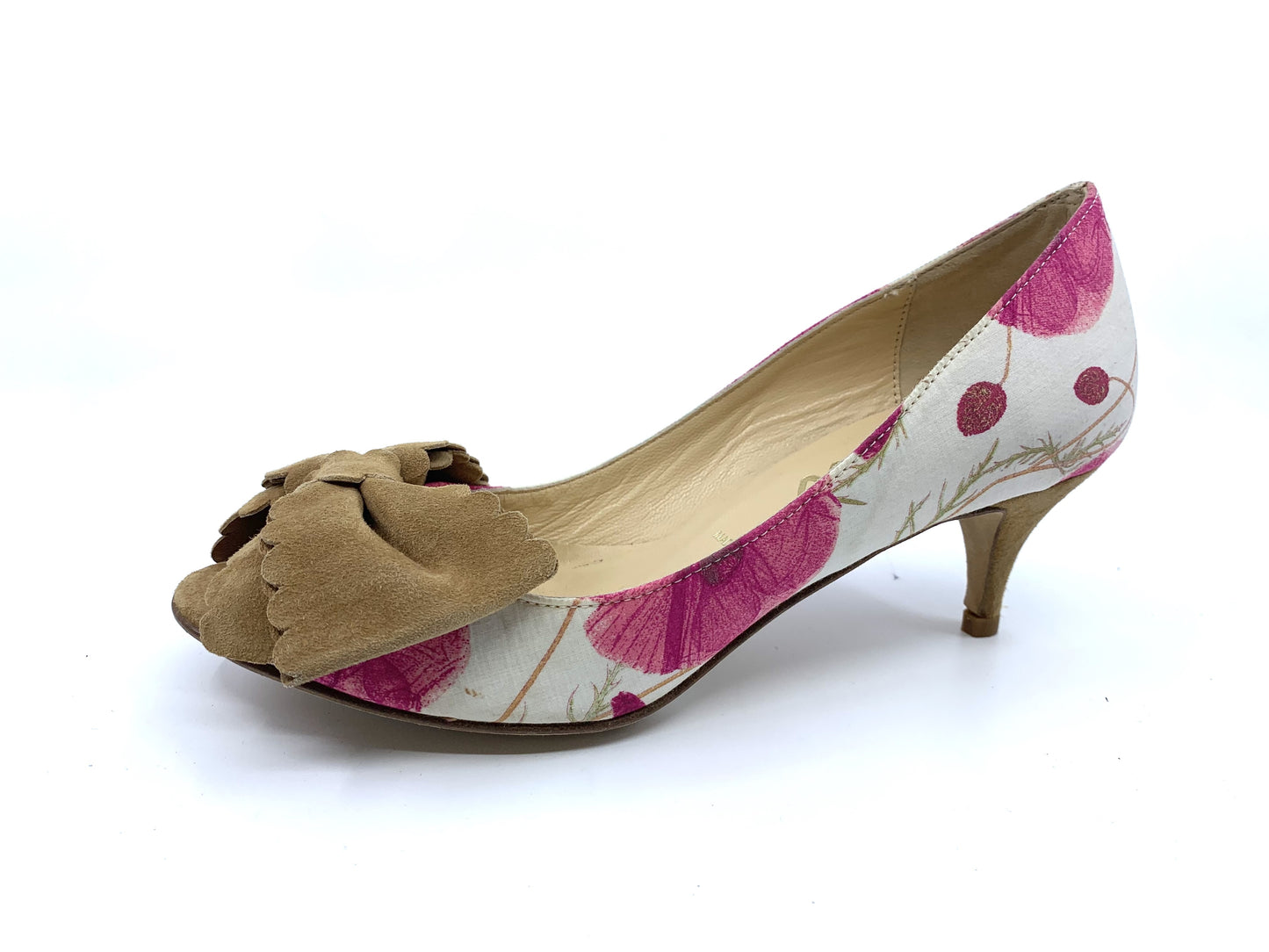 Starla Red Poppy Fabric Tan Suede Butter Pumps
