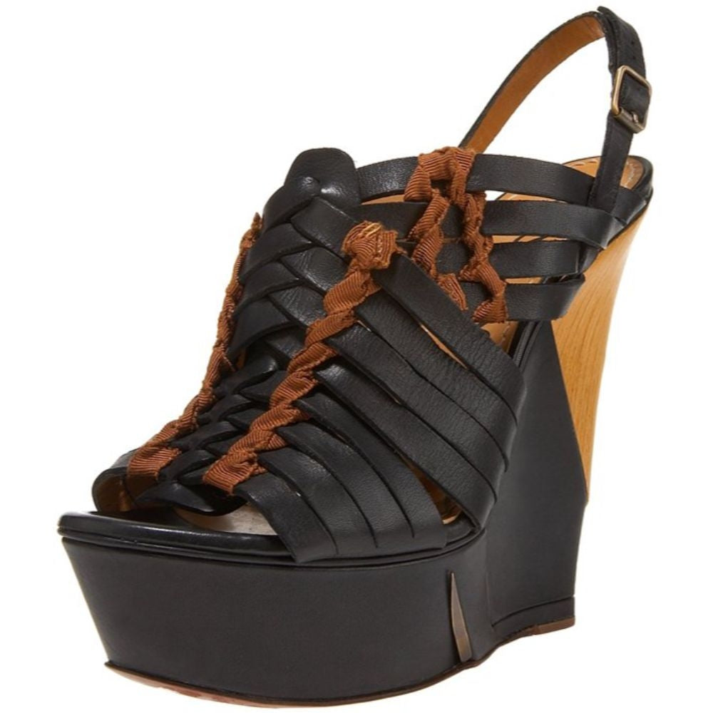 Lanvin Halter Black Leather Huarache Sliced Wedge Sandals